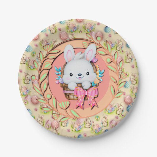 Niedlicher Osterhase im Korb Pappteller (Vorderseite)