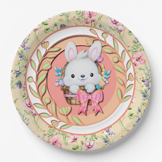 Niedlicher Osterhase im Korb Pappteller (Vorderseite)