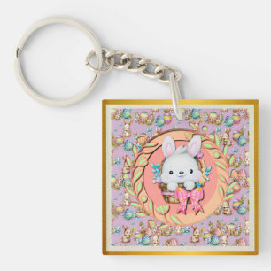 Niedlicher Osterhase im Korb Schlüsselanhänger