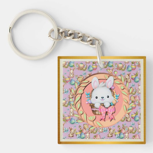 Niedlicher Osterhase im Korb Schlüsselanhänger (Vorderseite)