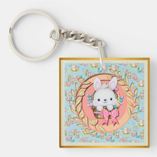 Niedlicher Osterhase im Korb Schlüsselanhänger (Vorderseite)