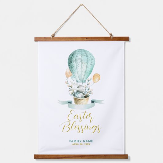 Niedlicher Osterhase in einem Heißluftballon, benu Wandteppich Mit Holzrahmen (Vorderseite)