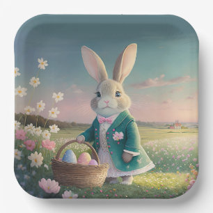 Niedlicher Osterhase in kleinem blauen Jackett Pappteller