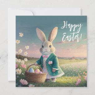 Niedlicher Osterhase mit blauer Jacke Feiertagskarte