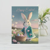 Niedlicher Osterhase mit blauer Jacke Feiertagskarte (Stehend Vorderseite)