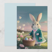 Niedlicher Osterhase mit blauer Jacke Feiertagskarte (Vorne/Hinten)