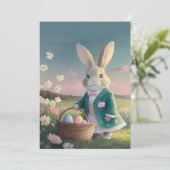 Niedlicher Osterhase mit blauer Jacke Feiertagskarte (Stehend Vorderseite)