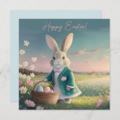 Niedlicher Osterhase mit blauer Jacke Feiertagskarte (Vorne/Hinten)