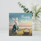 Niedlicher Osterhase mit blauer Jacke Karte (Stehend Vorderseite)