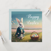 Niedlicher Osterhase mit blauer Jacke Karte (Vorderseite/Rückseite Beispiel)