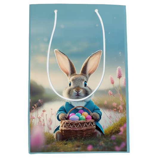 Niedlicher Osterhase mit blauer Jacke Mittlere Geschenktüte (Vorderseite)