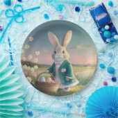 Niedlicher Osterhase mit blauer Jacke Pappteller (Party)
