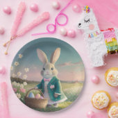 Niedlicher Osterhase mit blauer Jacke Pappteller (Party)