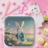 Niedlicher Osterhase mit blauer Jacke Pappteller (Party)