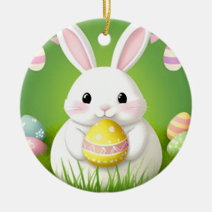 Niedlicher Osterhase mit dekorativen Eiern Keramik Ornament
