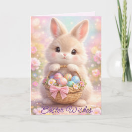 Niedlicher Osterhase mit farbenfrohem Korb voller  Feiertagskarte