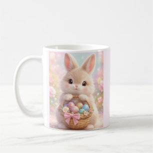 Niedlicher Osterhase mit farbenfrohem Korb voller Kaffeetasse