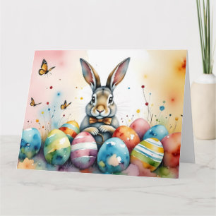 Niedlicher Osterhase mit farbenfrohen bemalten Eie Dankeskarte