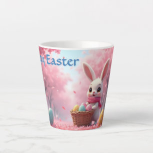 Niedlicher Osterhase mit Korb voller bunter Eier Milchtasse