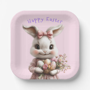 Niedlicher Osterhase mit rosa Schleife und gefärbt Pappteller