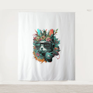 Niedlicher Osterhase mit Sonnenbrille und Blumen Wandteppich