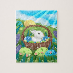 Niedlicher Osterhase und dekorierte Eier Puzzle