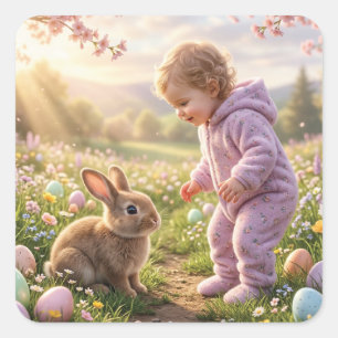Niedlicher Osterhase und Kind Quadratischer Aufkleber
