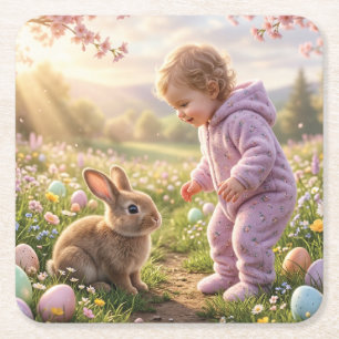 Niedlicher Osterhase und Kind Rechteckiger Pappuntersetzer