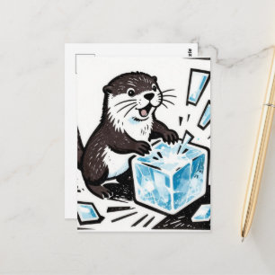 Niedlicher Otter, der einen Eisblock zerbricht Postkarte