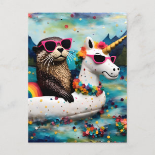 Niedlicher Otter in einer Einhornbahn auf einer Fl Postkarte