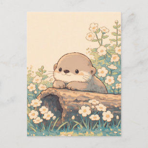 Niedlicher Otter ruht auf einem Baumstamm auf eine Postkarte