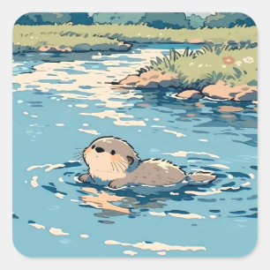Niedlicher Otter schwimmt im sonnigen Fluss Quadratischer Aufkleber