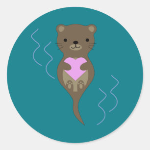 Niedlicher Otter umarmt ein rosa Herz Runder Aufkleber