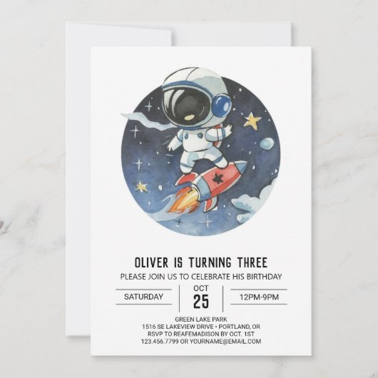 Niedlicher Outerspace Digital Astronaut Boy Geburt Einladung (Vorderseite)