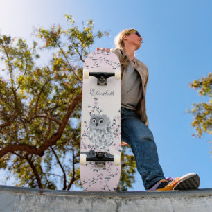 Niedlicher Owl Cherry Blossom Pink Name hinzufügen Skateboard