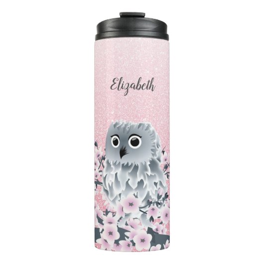 Niedlicher Owl Cherry Blossom Rosa Glitzer Thermosbecher (Vorderseite)