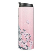 Niedlicher Owl Cherry Blossom Rosa Glitzer Thermosbecher (Nach rechts gedreht)