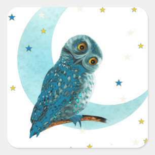 Niedlicher Owl Moon und Sterne Quadratischer Aufkleber