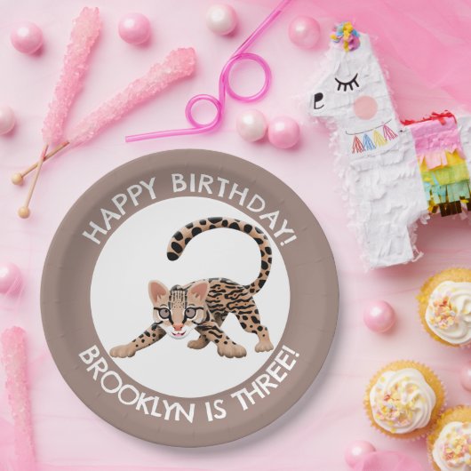 Niedlicher Ozelot-Cartoon personalisierter Geburts Pappteller (Party)