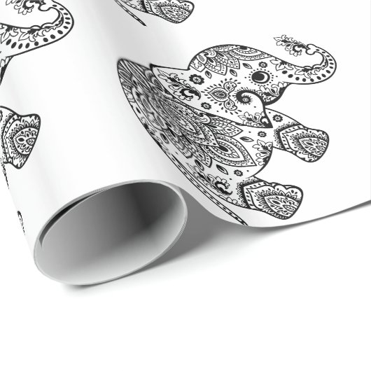 Niedlicher Paisley-Elefant in Weiß und Schwarz Geschenkpapier (Rolleneckpunkt)