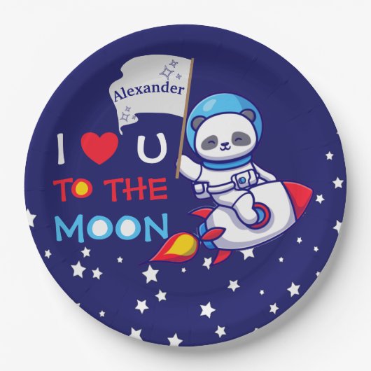 Niedlicher Panda Bär auf Raketenschiff Kinder Pers Pappteller (Vorderseite)