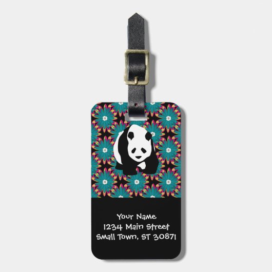 Niedlicher Panda Bär Blau Pink Blume Blumenmuster Gepäckanhänger (Vorderseite vertikal)