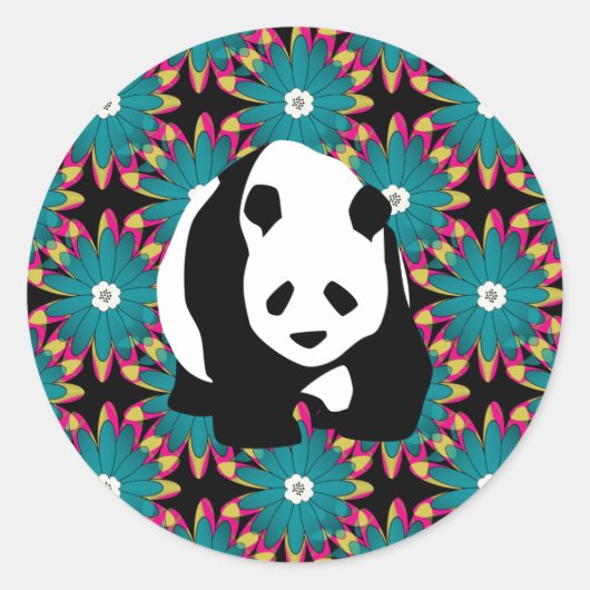 Niedlicher Panda Bär Blau Pink Blume Blumenmuster Runder Aufkleber (Vorderseite)