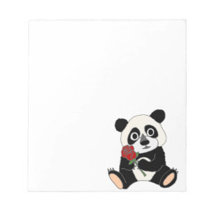 Niedlicher Panda-Bär, der Rote Rose hält Notizblock