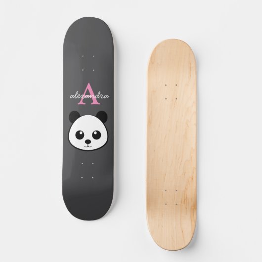 Niedlicher Panda-Bär für Monogramm Grauer Hintergr Skateboard (Vorderseite)