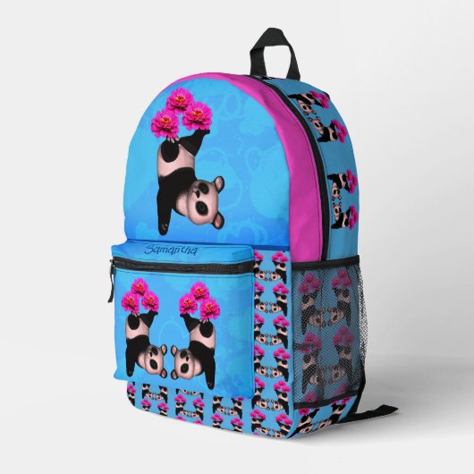 Niedlicher Panda Bär Juggling Pink Blume Bedruckter Rucksack (Rückseitige Ecke Rechts)