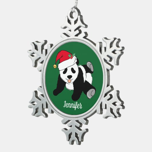 Niedlicher Panda Bär Kindergrün Schneeflocken Zinn-Ornament (Rechts)