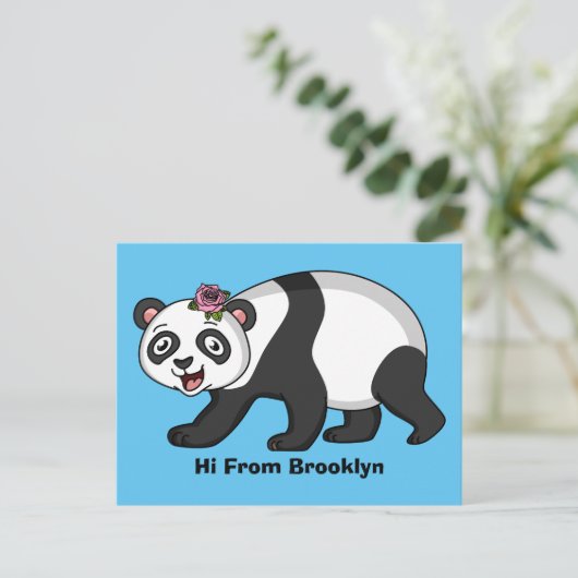Niedlicher Panda-Bär mit Blume Cartoon Postkarte (Stehend Vorderseite)
