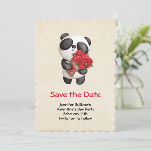 Niedlicher Panda-Bär mit Bouquet von Rose Save The Date (Stehend Vorderseite)