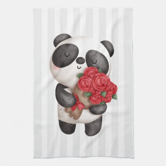 Niedlicher Panda-Bär mit Rose Bouquet auf dem Stre Geschirrtuch (Vertikal)